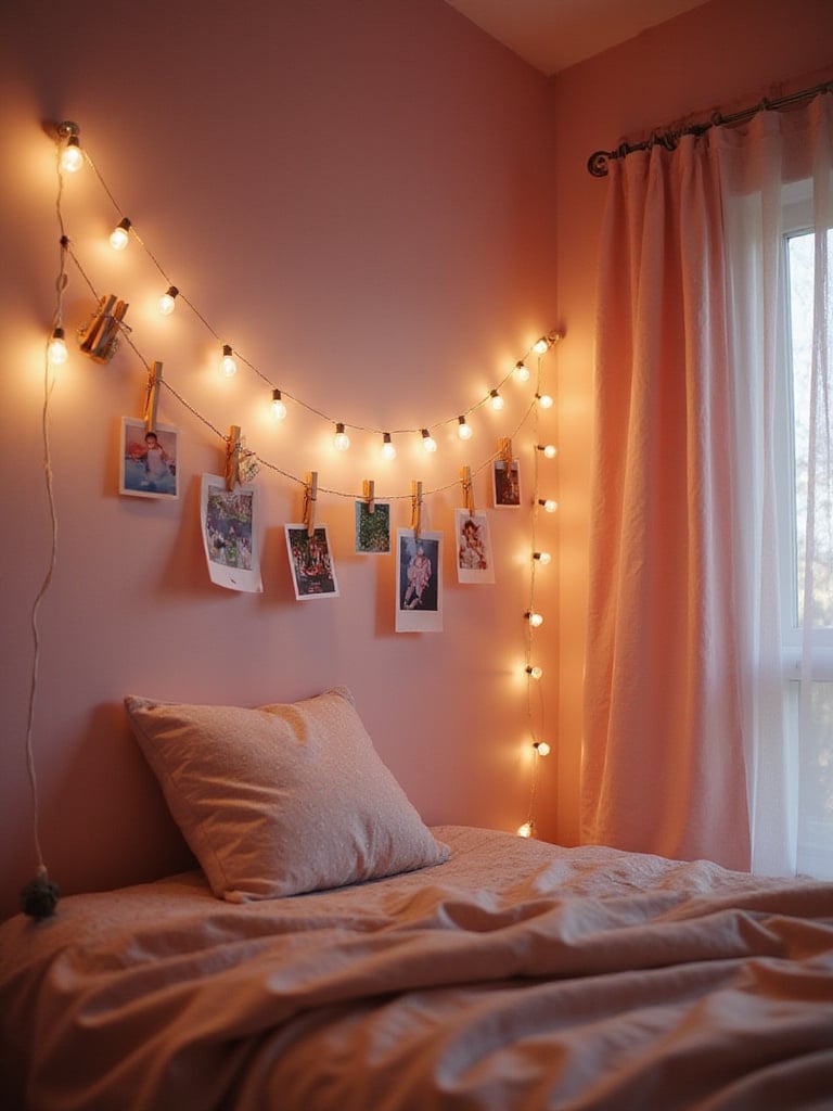Girls bedroom decor: string lights with photo clips displaying memories