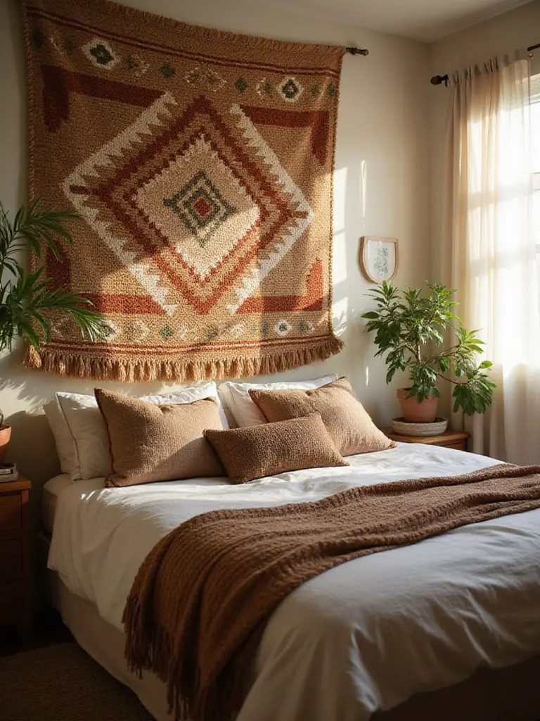 Bohemian bedroom with a large woven tapestry serving as a headboard.