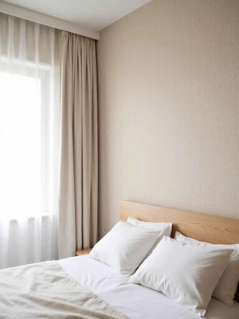 Bedroom with light beige grasscloth textured wallpaper
