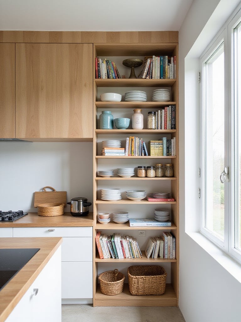 Vertical shelving maximizes storage in a small kitchen.
