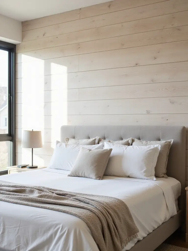 Bedroom featuring light wood shiplap paneling on the wall behind the bed.