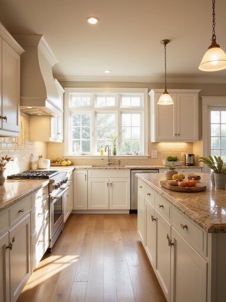 Traditional kitchen featuring warm white cabinets, a large island with a stone countertop, and a cream tile backsplash, showcasing a palette of warm whites, creams, and earth tones.