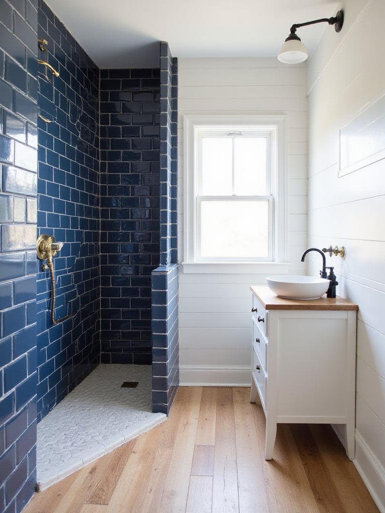 Farmhouse bathroom featuring deep navy blue subway tile in the shower, adding depth and contrast to the light, neutral space with wood accents and white walls.