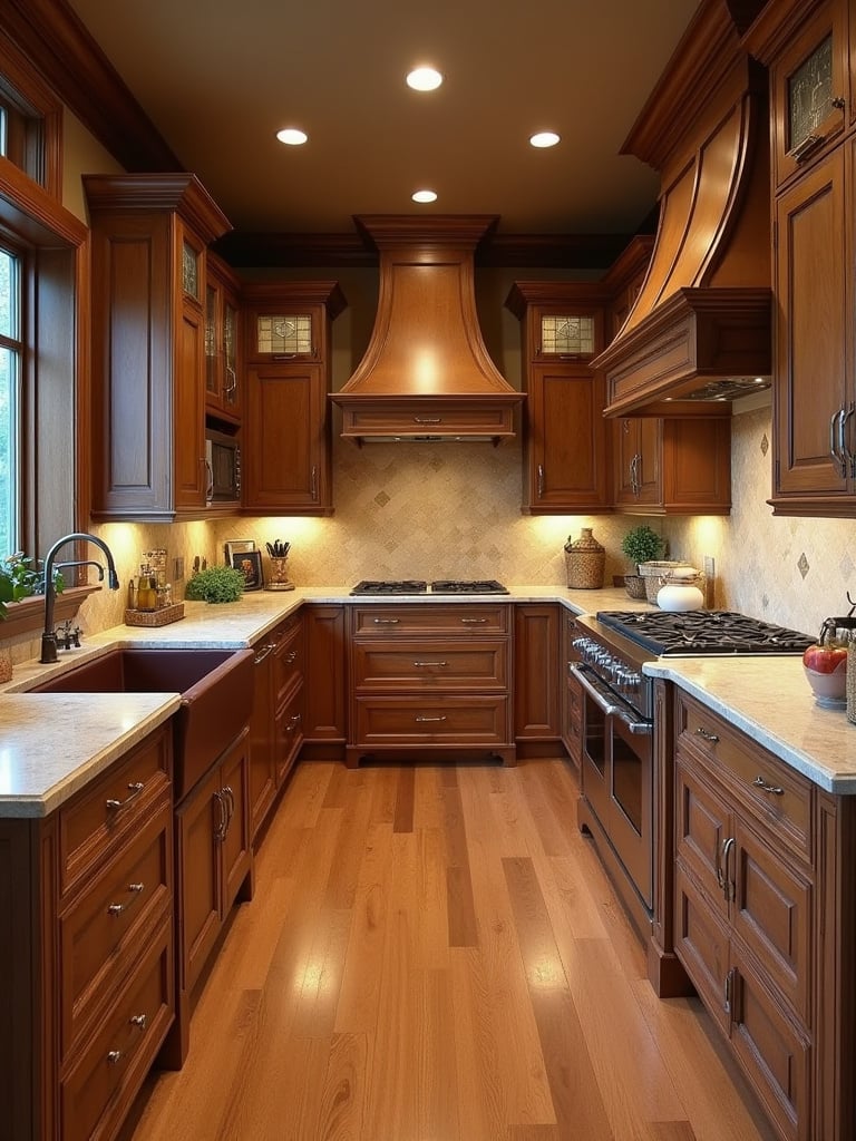 Traditional kitchen interior showcasing solid wood cabinetry, natural stone countertops, and handcrafted details that convey enduring quality and skilled craftsmanship.