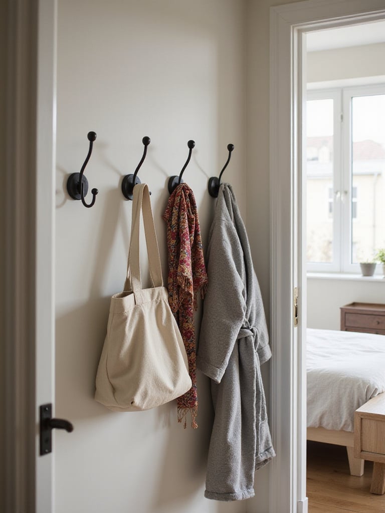 A row of decorative hooks on a small bedroom wall holding a bag, a scarf, and a robe, illustrating efficient vertical storage in a compact space.