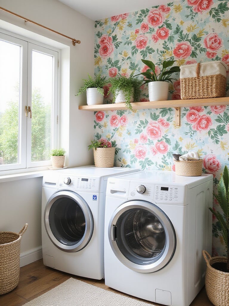 Bright laundry room with removable floral wallpaper and organized appliances.
