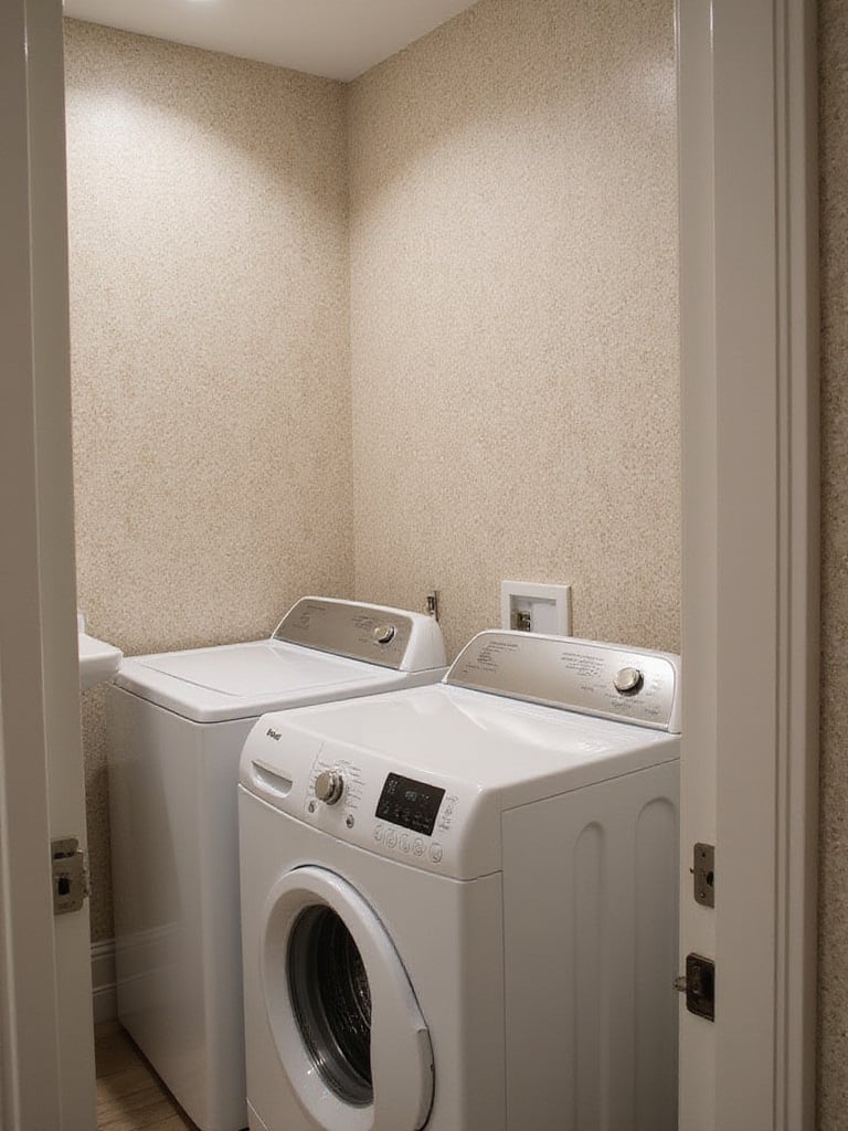 Laundry room with textured wallpaper creating depth and visual interest.