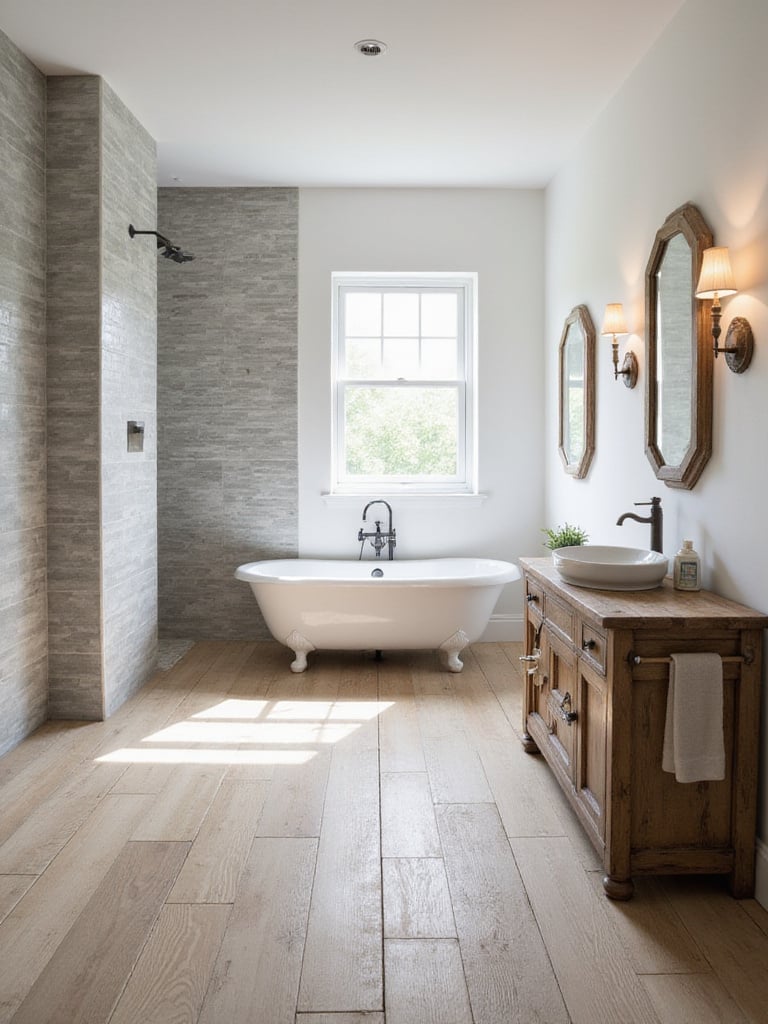 Farmhouse bathroom featuring textured ceramic wood-look floor tiles and stone-look ceramic shower wall tiles, showcasing depth and rustic charm.