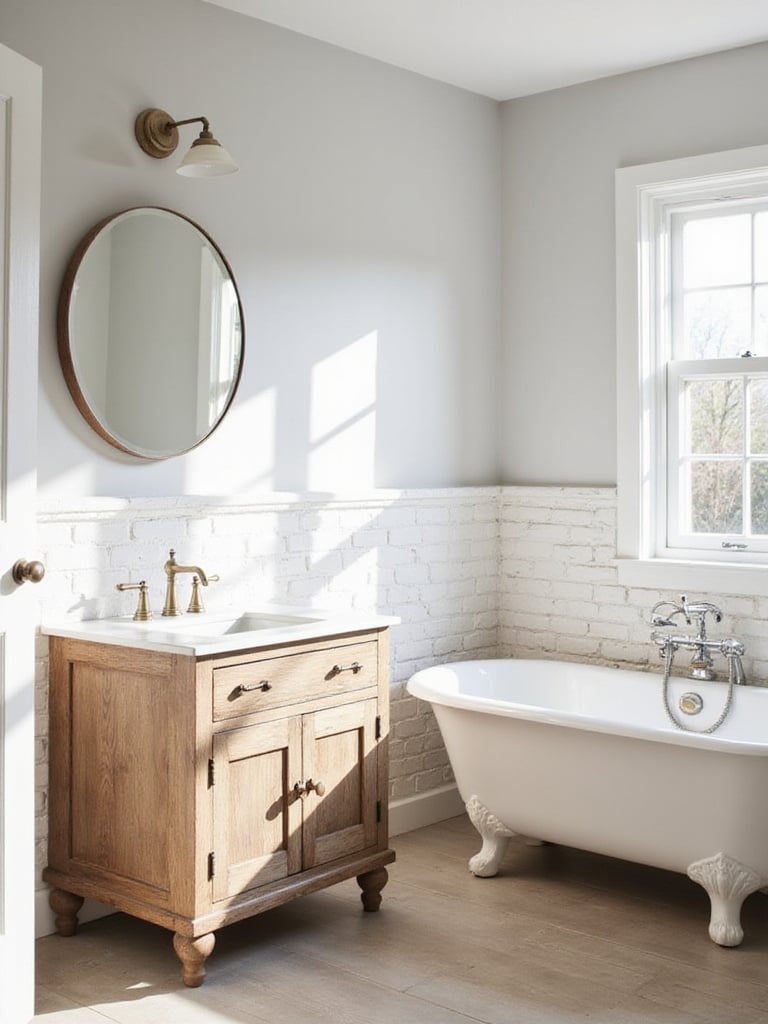 Farmhouse bathroom with a white-washed brick-look tile accent wall behind a wooden vanity, showcasing texture and rustic style.