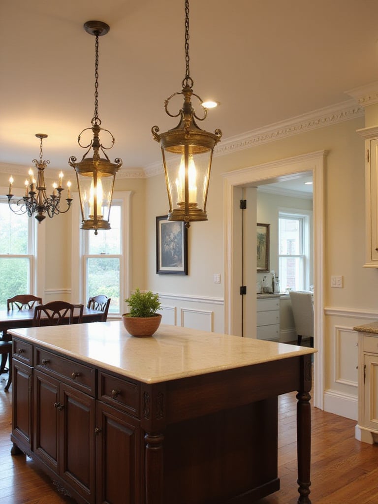 Traditional kitchen interior with aged brass lantern pendants over an island and a wrought iron chandelier over a dining table, providing warm ambient light.