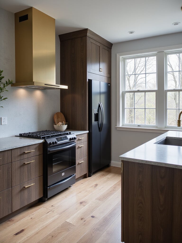 Modern kitchen design featuring matte black appliances integrated into dark wood cabinetry.