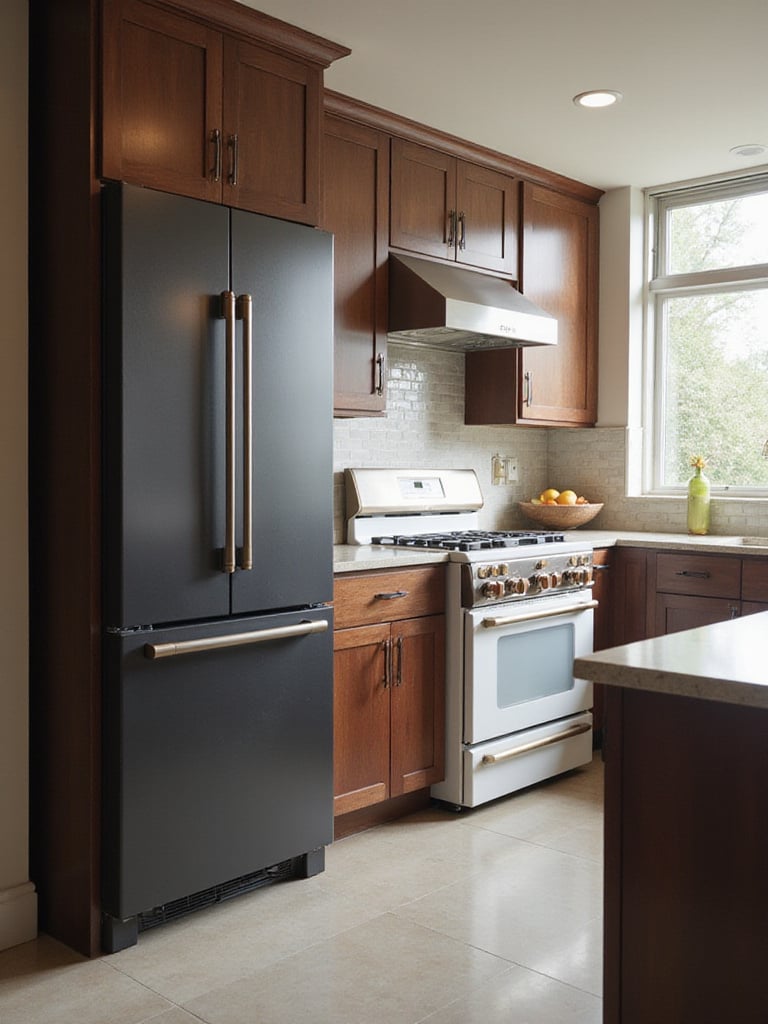 Modern kitchen design showcasing matte black, panel-ready, and white matte appliances with bronze hardware.