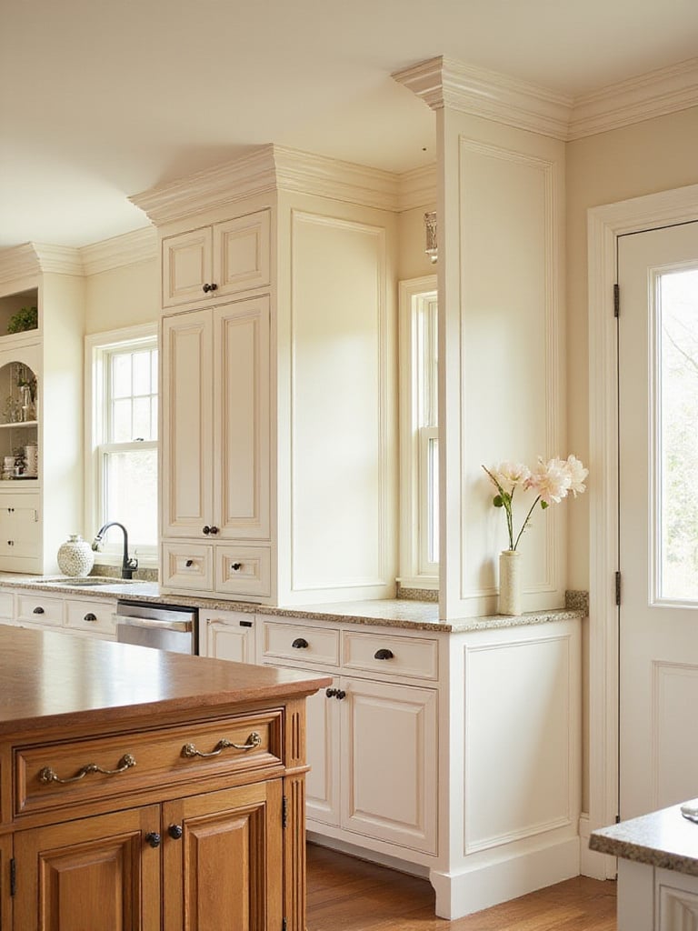 Traditional kitchen interior showcasing detailed crown molding along the ceiling and atop creamy white cabinets, alongside architectural trim on windows and decorative paneling on a warm wood island.