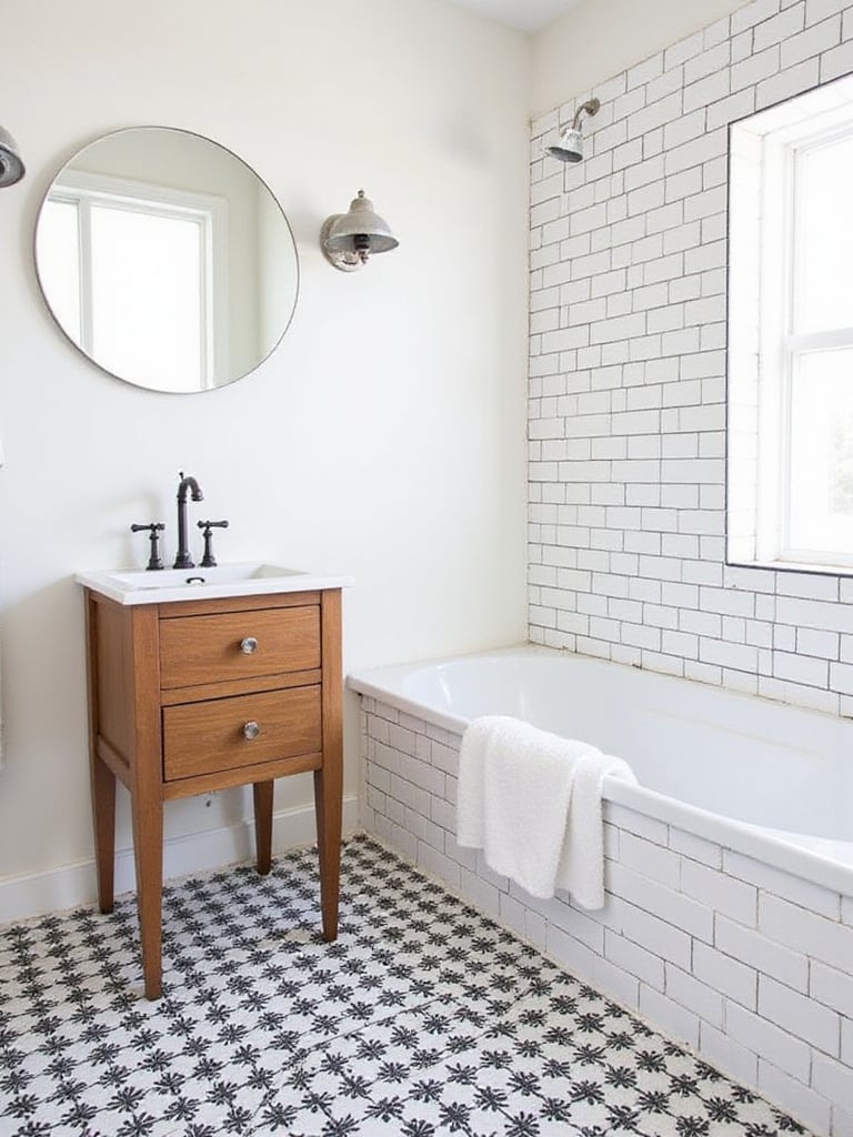 Farmhouse bathroom with a black and white checkerboard tile floor and white subway tile shower walls.
