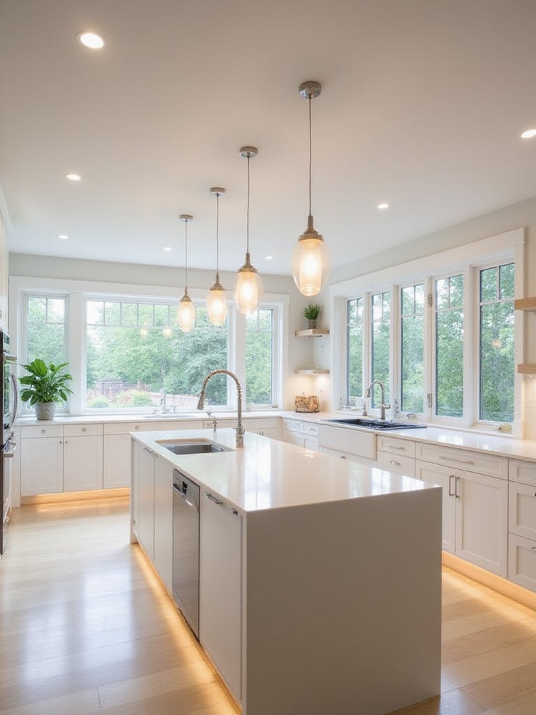 Bright and modern kitchen design showcasing pendant, under-cabinet, and recessed lighting.