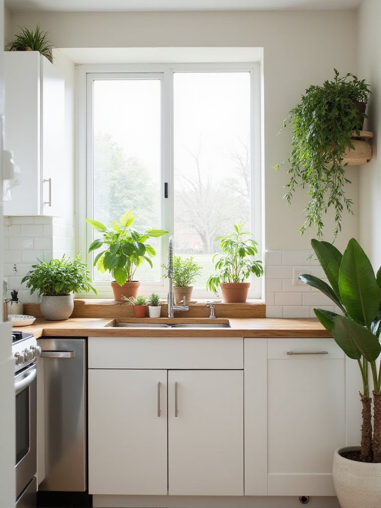 Modern kitchen with various potted plants and herbs, adding greenery and life to the space.