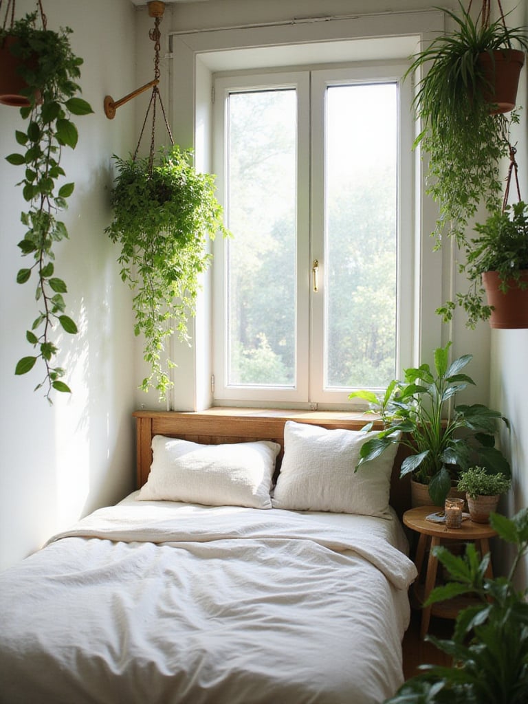 Hanging plants bring life to a small bedroom, utilizing vertical space above a cozy bed and near a window.