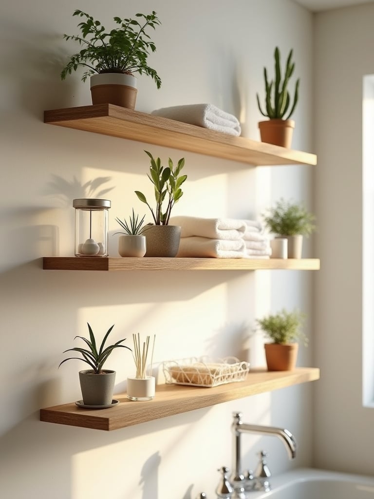Open wooden bathroom shelves decorated with mini green plants in various pots, folded white towels, and storage jars, creating a fresh and natural look.