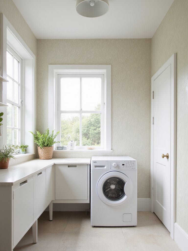 Bright laundry room with light reflective wallpaper in pastels
