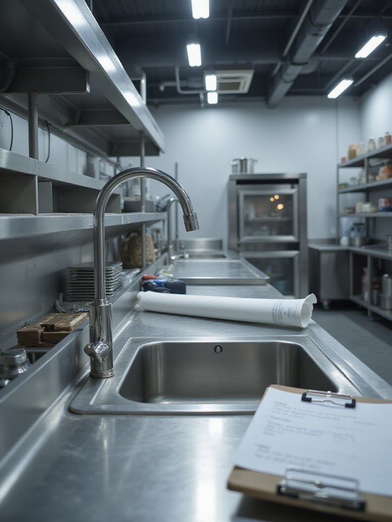 Stainless steel industrial kitchen sink area with a clipboard and plans nearby, representing careful budgeting and planning for commercial kitchen equipment investment.