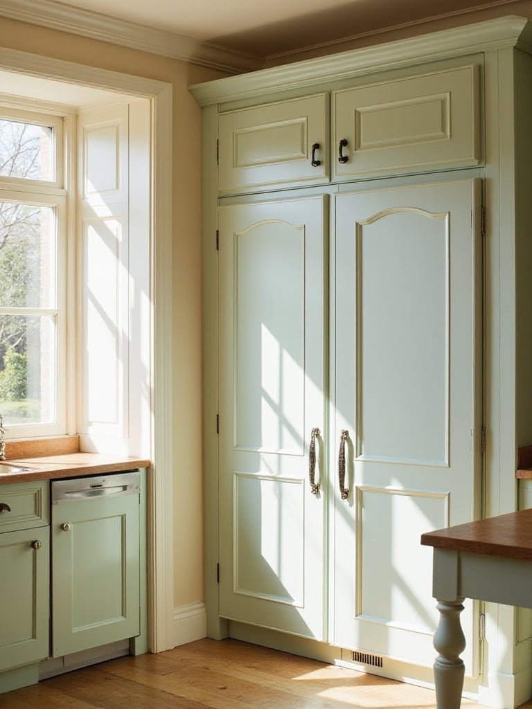 Traditional kitchen featuring seamlessly integrated panel-ready refrigerator and dishwasher, blending into classic painted cabinetry with traditional hardware.
