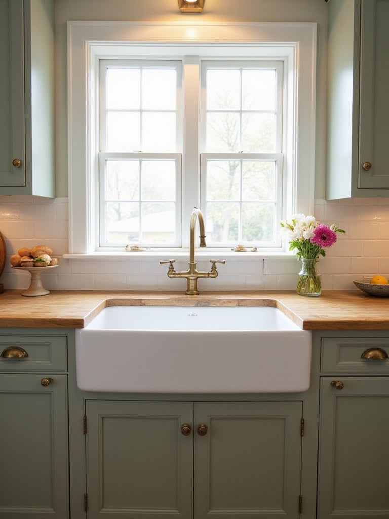 Traditional kitchen featuring a white fireclay farmhouse sink under a window, surrounded by classic cabinetry and countertops.