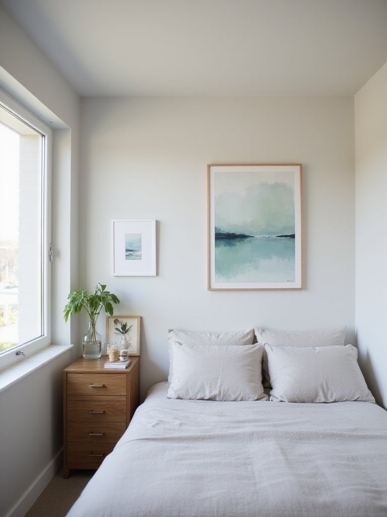 Appropriately sized abstract wall art hanging above a bed in a small, cozy bedroom, illustrating proper scale for the space.