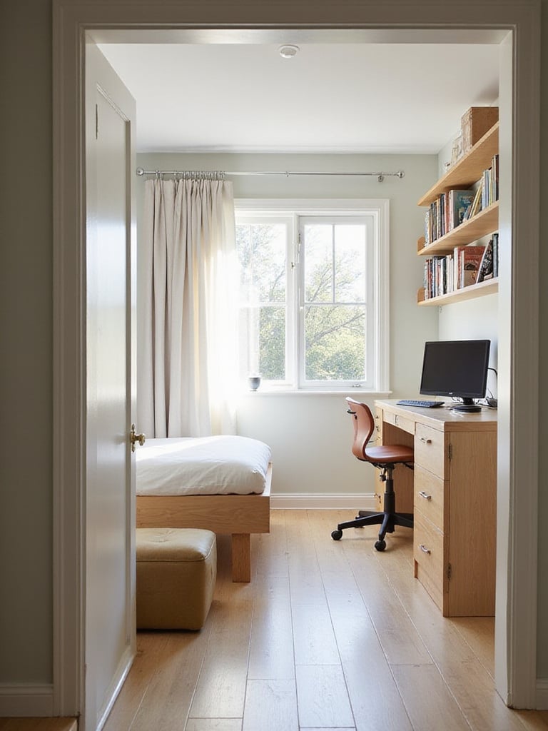 Small bedroom with multi-functional furniture, including a bed with storage drawers, a storage ottoman, and a compact desk integrated into shelving, showing effective space maximization.