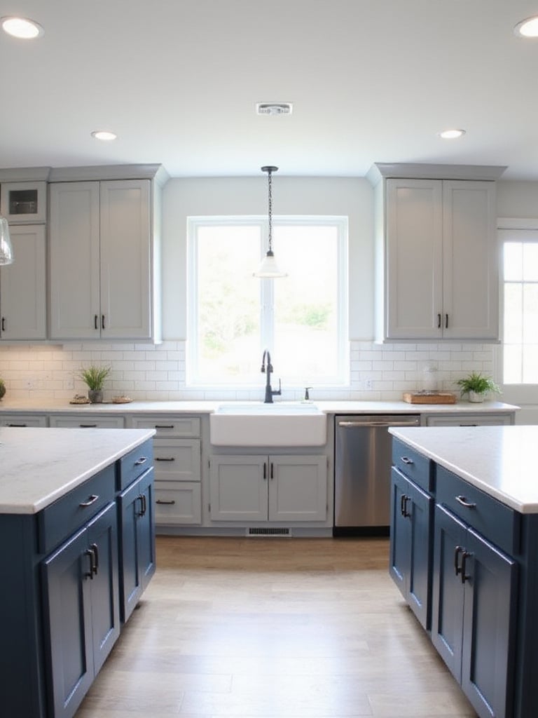 Modern kitchen design featuring light gray shaker cabinets and a dark navy blue kitchen island.