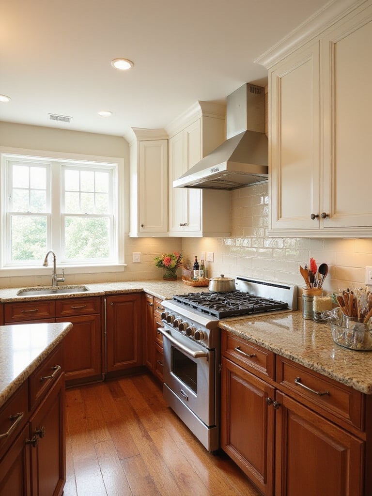 Traditional kitchen interior featuring white Shaker upper cabinets and cherry Raised Panel lower cabinets with granite countertops.