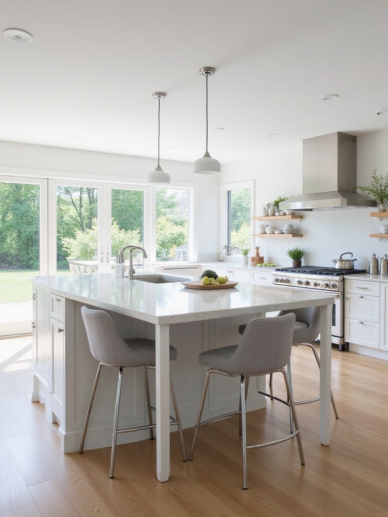 Modern kitchen island with comfortable grey upholstered bar stools and white quartz countertop.