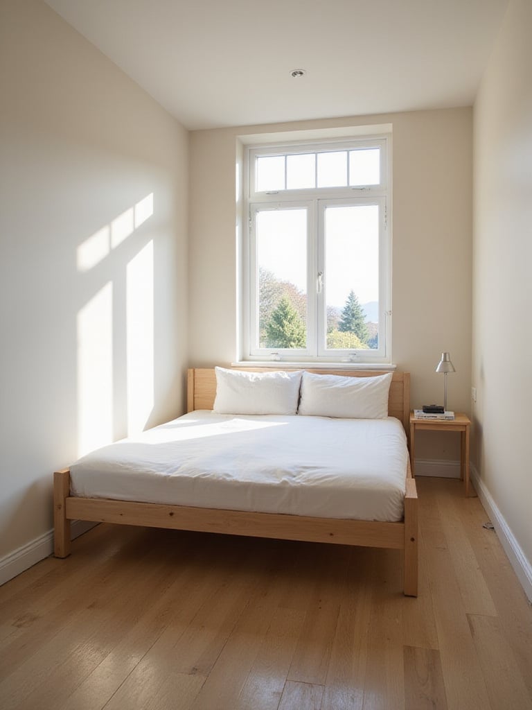 A small bedroom featuring a Full-size bed, illustrating how choosing a slightly smaller bed creates more floor space and improves the layout for other furniture and movement.
