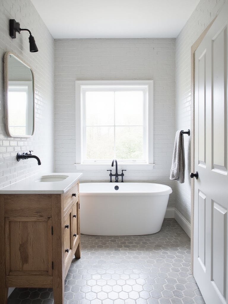 Farmhouse bathroom with soft grey subway tiles on walls and hexagonal grey tiles on the floor, featuring a white tub and rustic wood vanity.