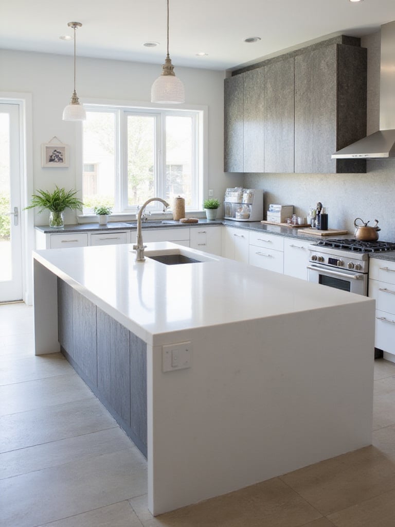 Modern kitchen featuring a white quartz waterfall island countertop and dark gray granite perimeter countertops.