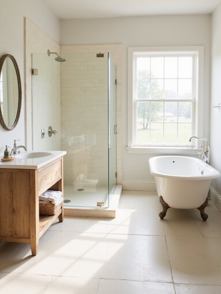 Farmhouse bathroom with creamy white subway tile shower and off-white floor tiles, featuring a wood vanity and clawfoot tub.