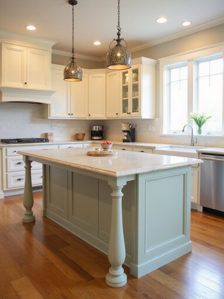 Traditional kitchen island with decorative turned furniture-style legs and a light countertop, set in a cozy, classic kitchen interior.