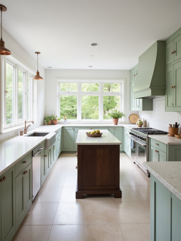 Serene kitchen featuring sage green cabinetry, light quartz countertops, and a dark wood island.