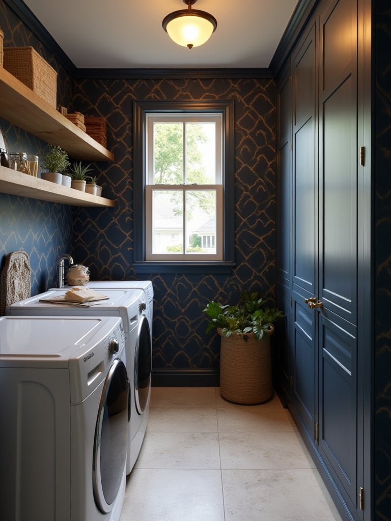 Laundry room with deep navy wallpaper and gold geometric pattern, showcasing a stylish design