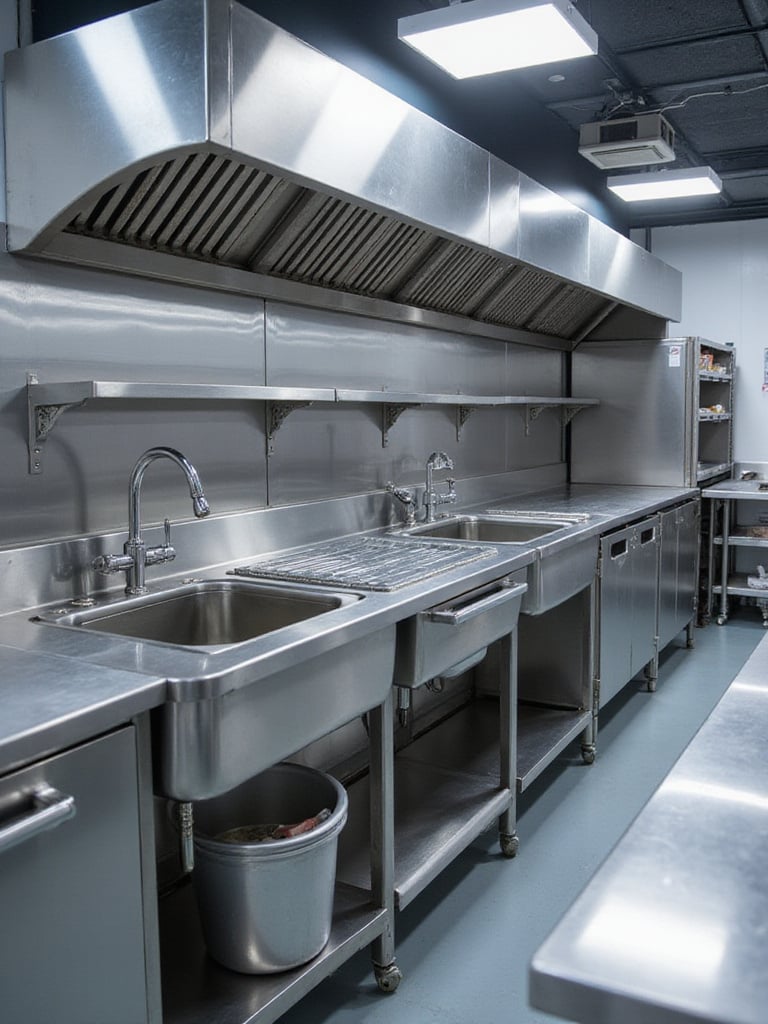 Custom stainless steel industrial kitchen sink with multiple compartments and integrated drainboards, tailored for specific workflow needs.