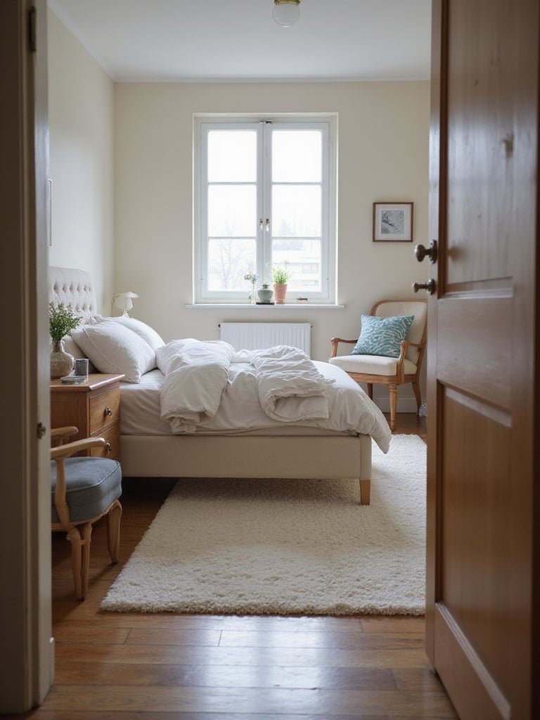 A perfectly tidy small bedroom interior, showcasing maximized space through ruthless decluttering. The room features clean surfaces, minimal possessions, and a calm atmosphere, illuminated by natural light.