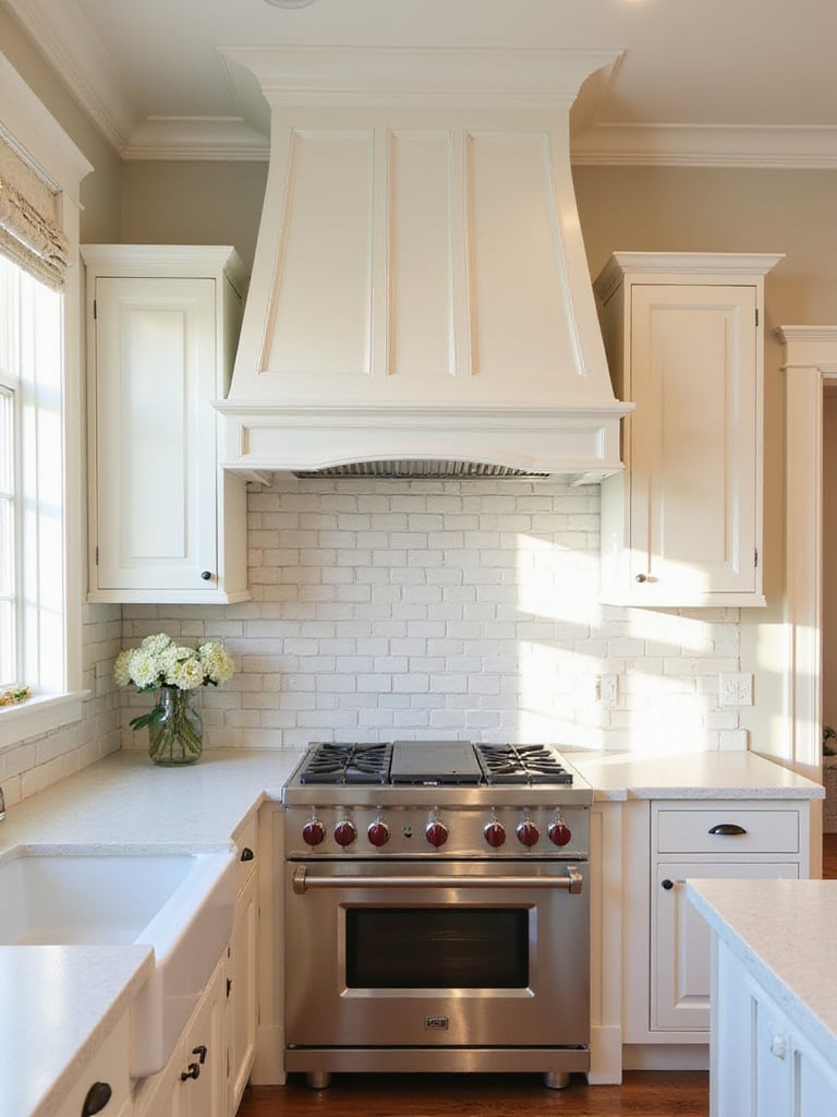 Traditional kitchen featuring a large, white paneled range hood above a stainless steel range, integrated seamlessly with cabinetry.