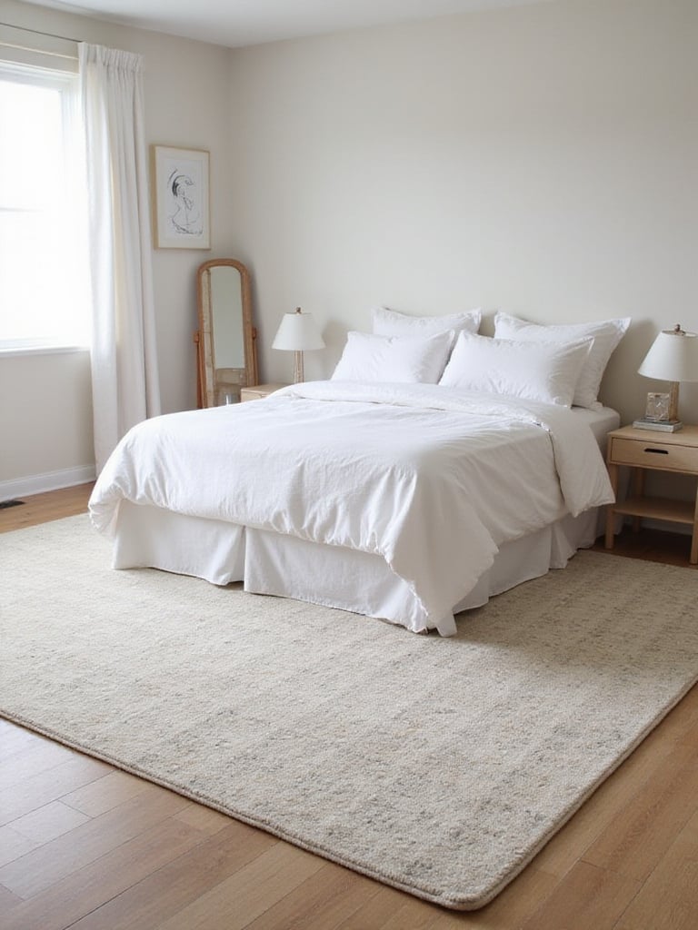Small bedroom featuring a large area rug placed under the bed, visually defining the sleeping zone and adding texture to the floor.