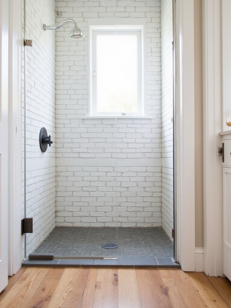 Farmhouse bathroom showcasing distinct floor and shower tiles. Warm wood-look porcelain planks cover the main floor, contrasting with classic white subway tiles on the shower walls and small grey hexagonal tiles on the shower floor, clearly defining the shower zone.