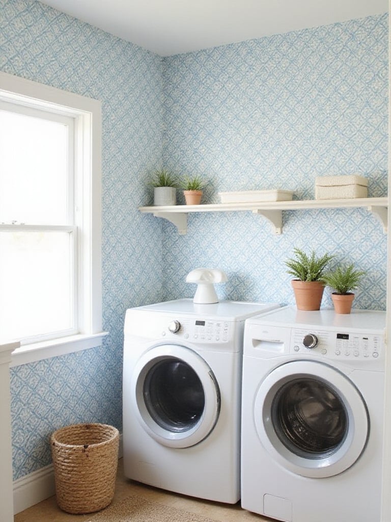 Laundry room with coastal-themed wallpaper featuring blue and white geometric patterns.