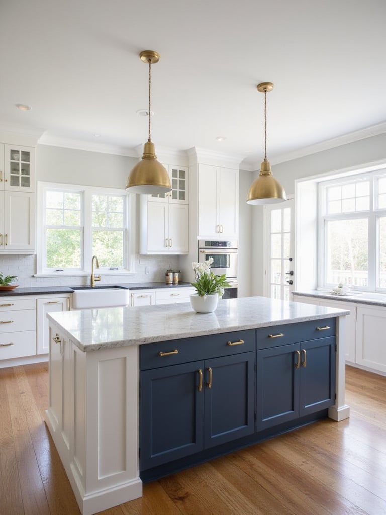 Modern kitchen with white quartz island and dark blue cabinets.