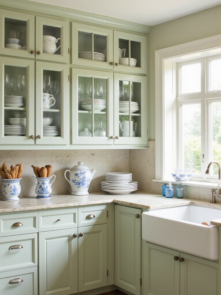 Traditional kitchen interior featuring painted cabinets, some with glass fronts displaying dishes and glassware, under natural light.