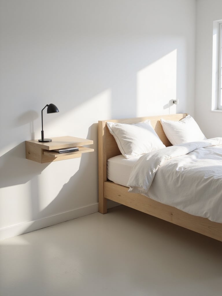 A small bedroom featuring floating bedside tables on either side of the bed, illustrating how they save floor space.