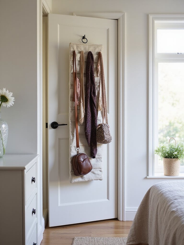 Back of a bedroom door fitted with a vertical organizer holding scarves, belts, and accessories in a small, tidy bedroom.