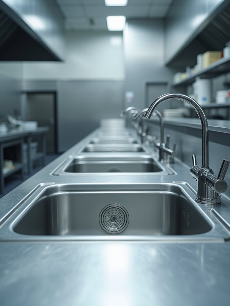 Clean industrial kitchen sink with a visible drain strainer, illustrating effective drain maintenance.