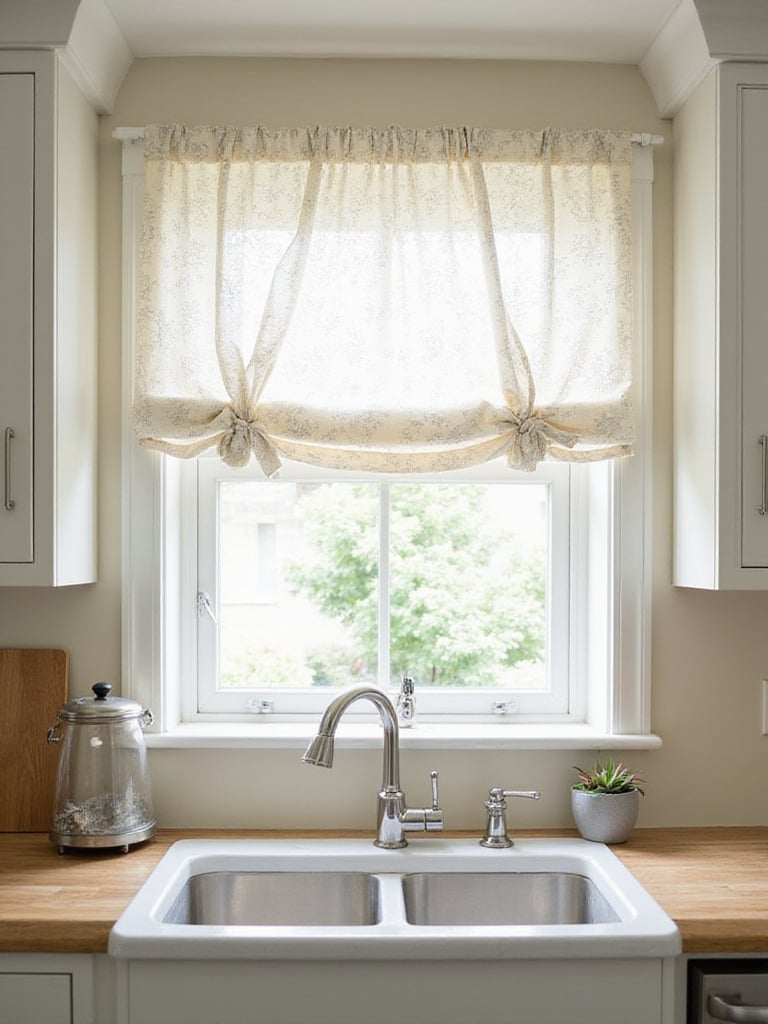 Kitchen window with linen cafe curtains above the sink